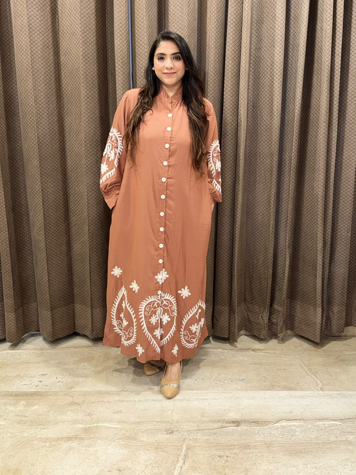 Elegant Brown Midi dress with Thread work with belt