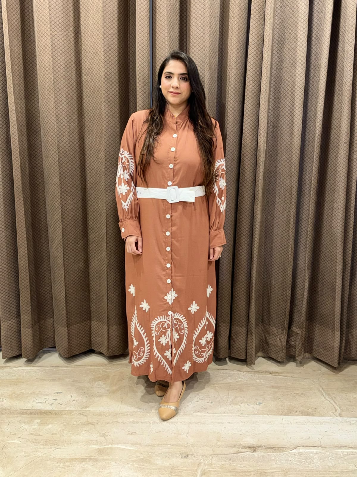 Elegant Brown Midi dress with Thread work with belt