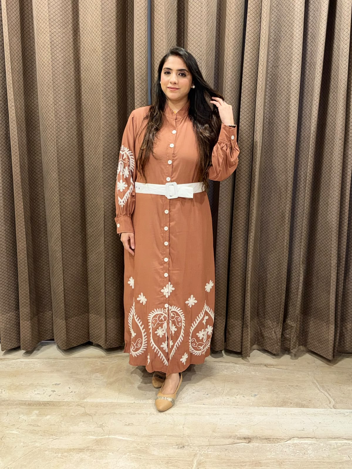 Elegant Brown Midi dress with Thread work with belt