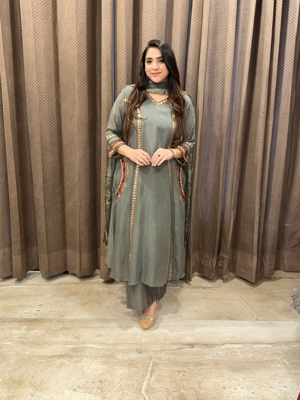 Designer Sage green A line suit set with handwork & pockets