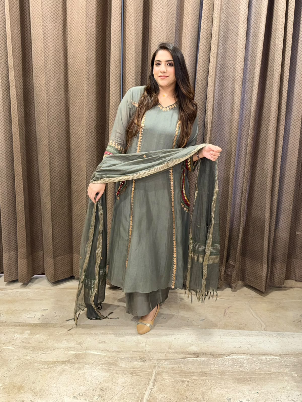 Designer Sage green A line suit set with handwork & pockets