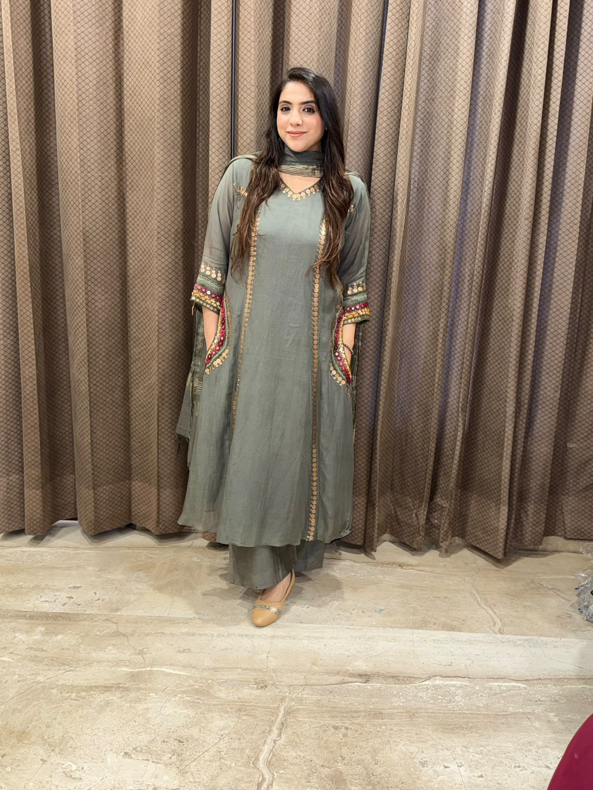 Designer Sage green A line suit set with handwork & pockets