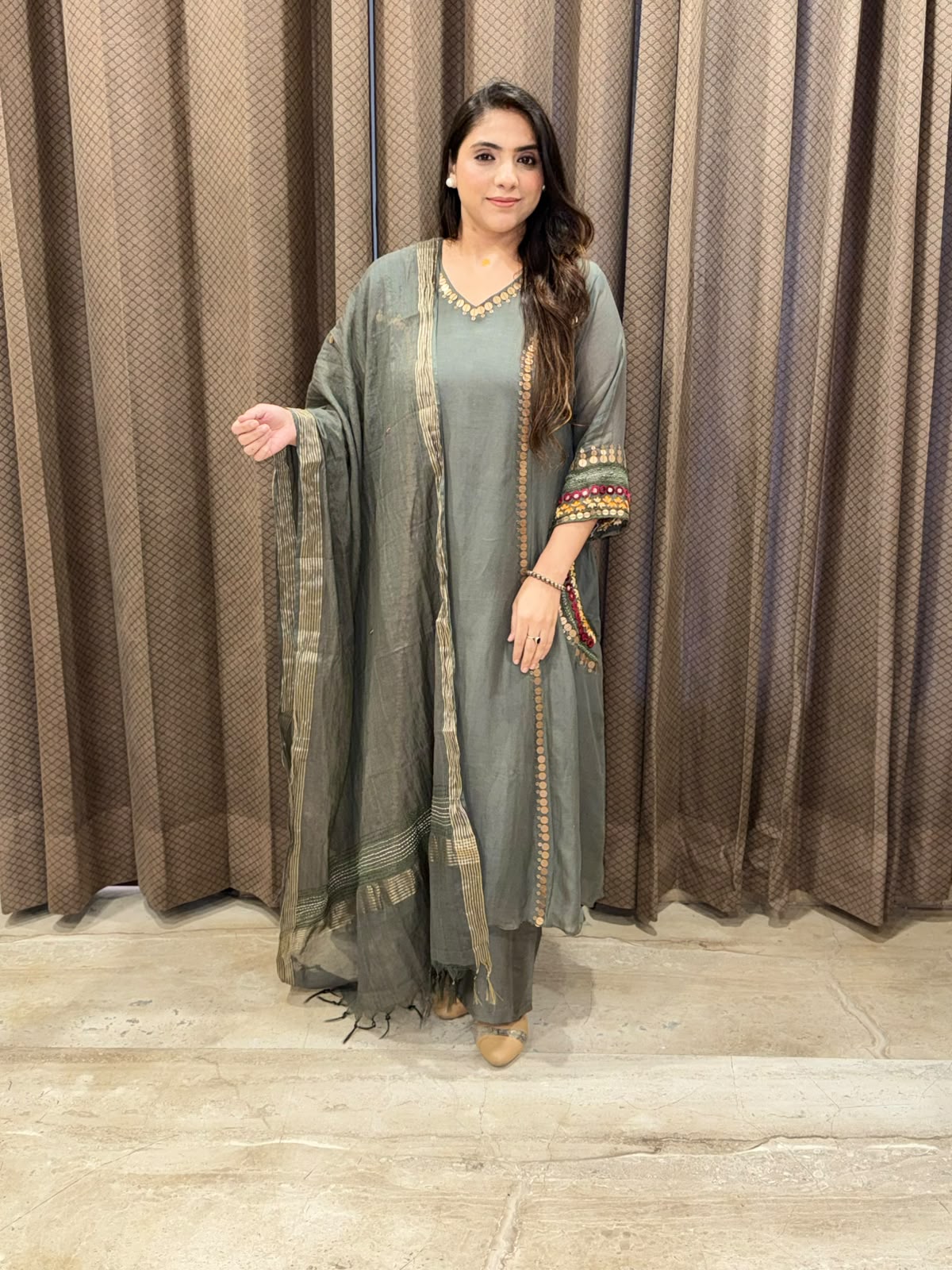 Designer Sage green A line suit set with handwork & pockets