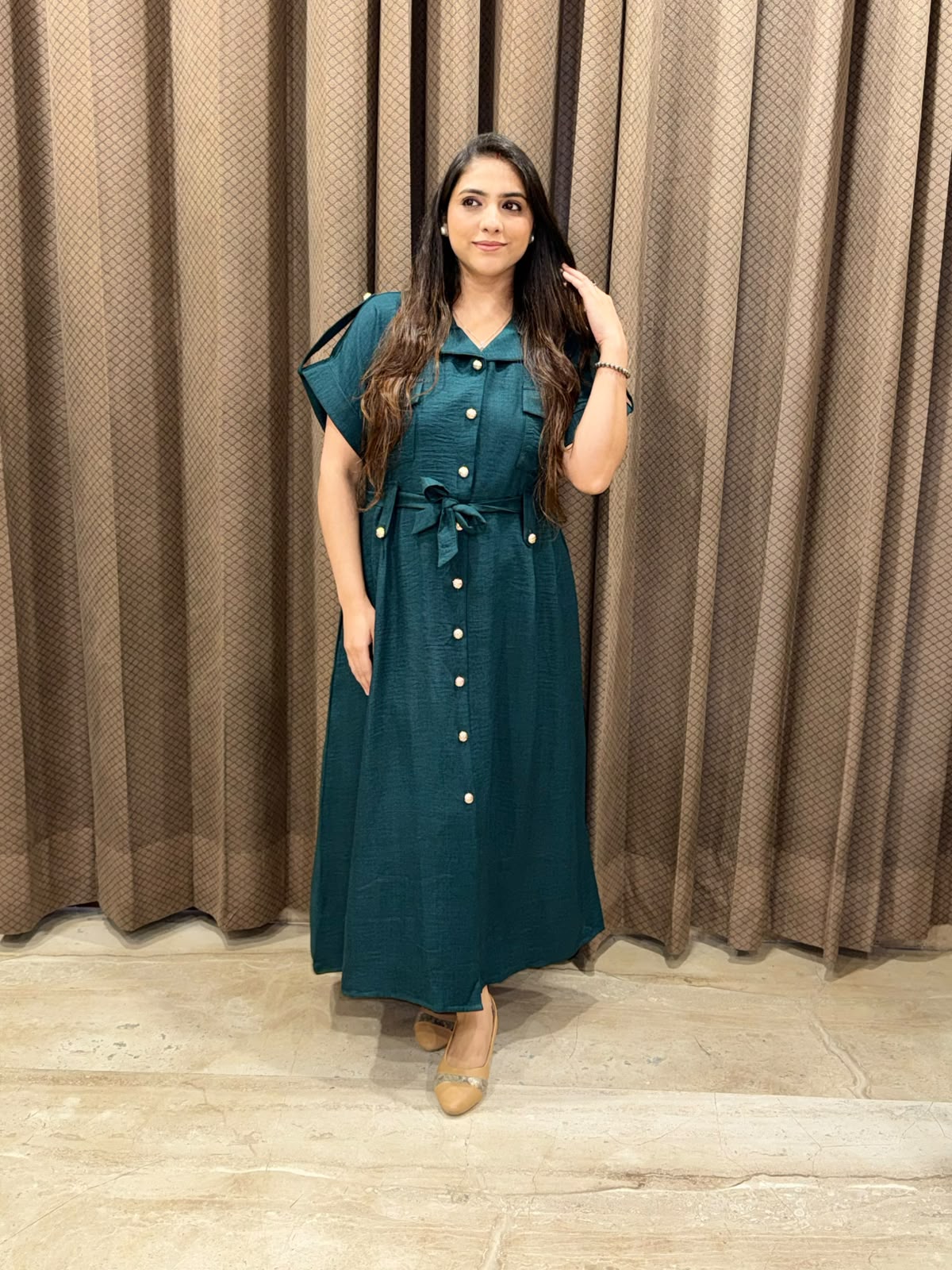 Smart Bottle green Midi dress with button detailing & pockets