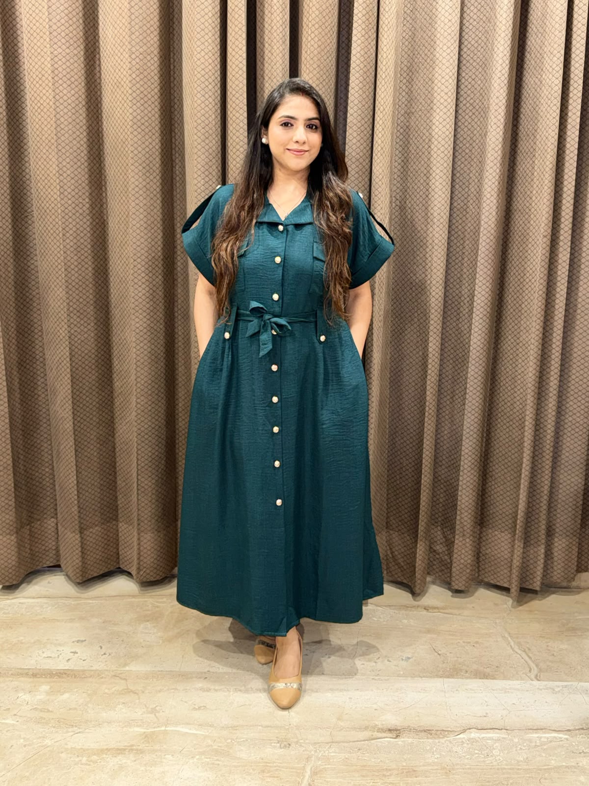 Smart Bottle green Midi dress with button detailing & pockets