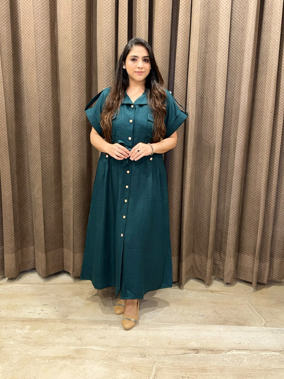 Smart Bottle green Midi dress with button detailing & pockets