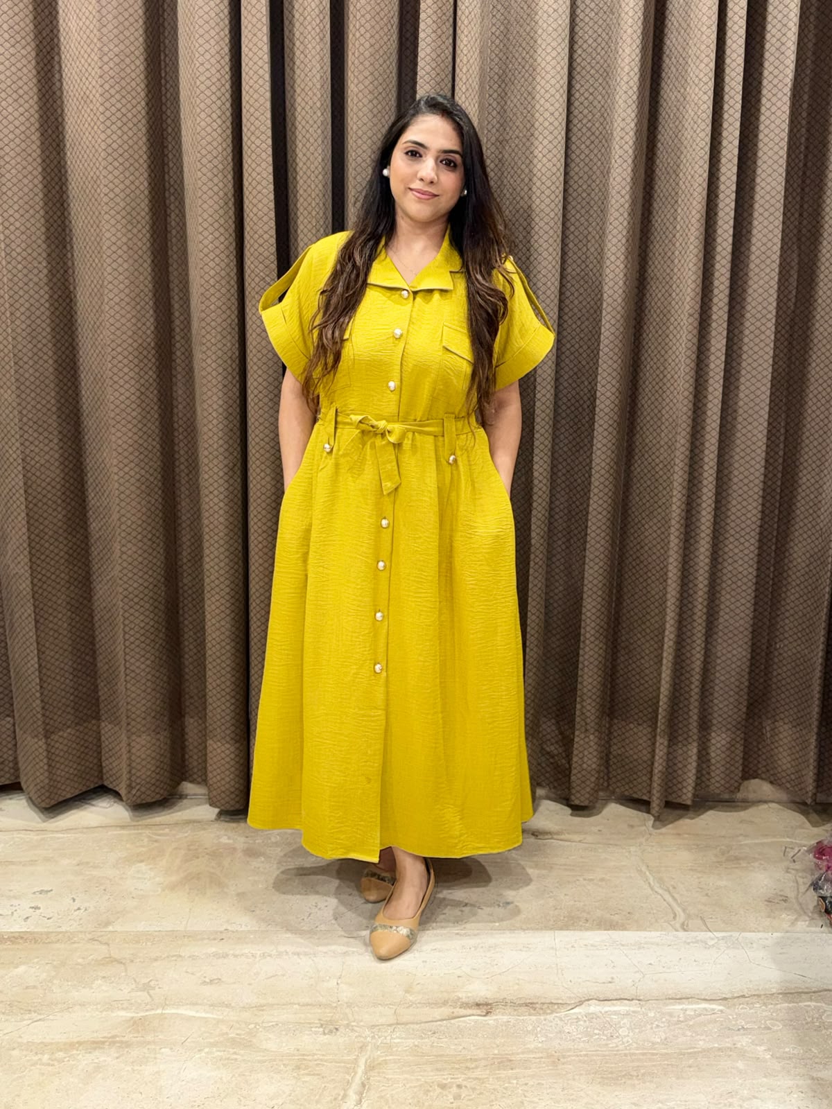 Smart Lime Yellow Midi dress with button detailing & pockets