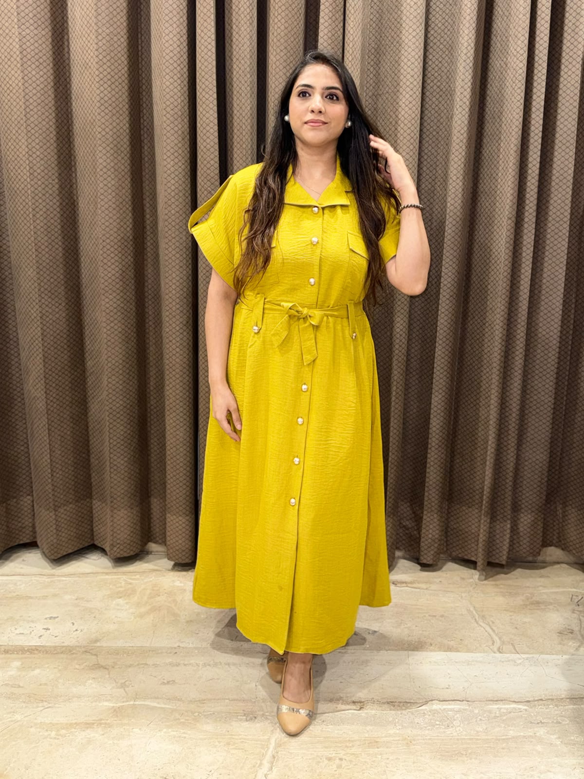 Smart Lime Yellow Midi dress with button detailing & pockets