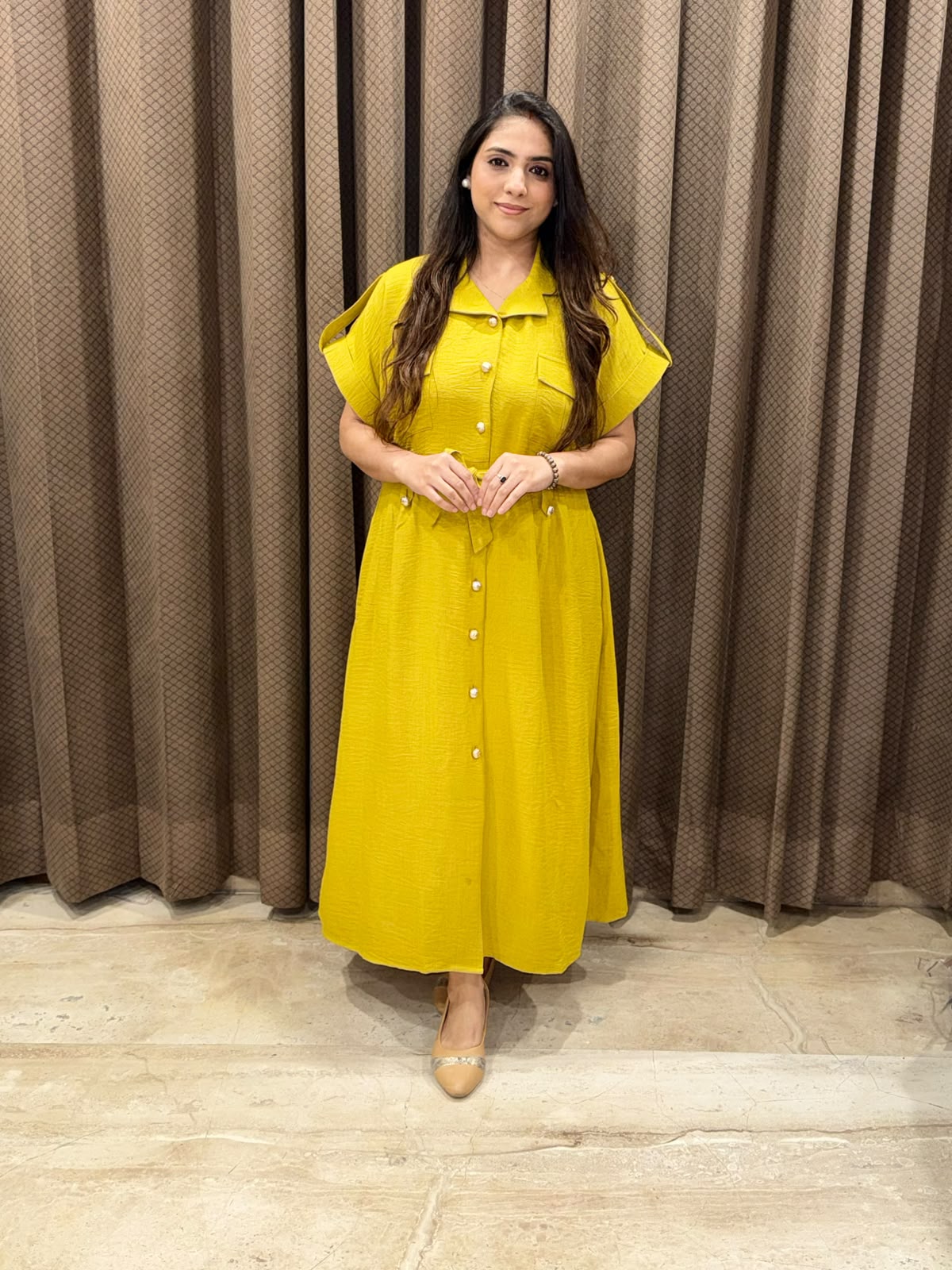 Smart Lime Yellow Midi dress with button detailing & pockets