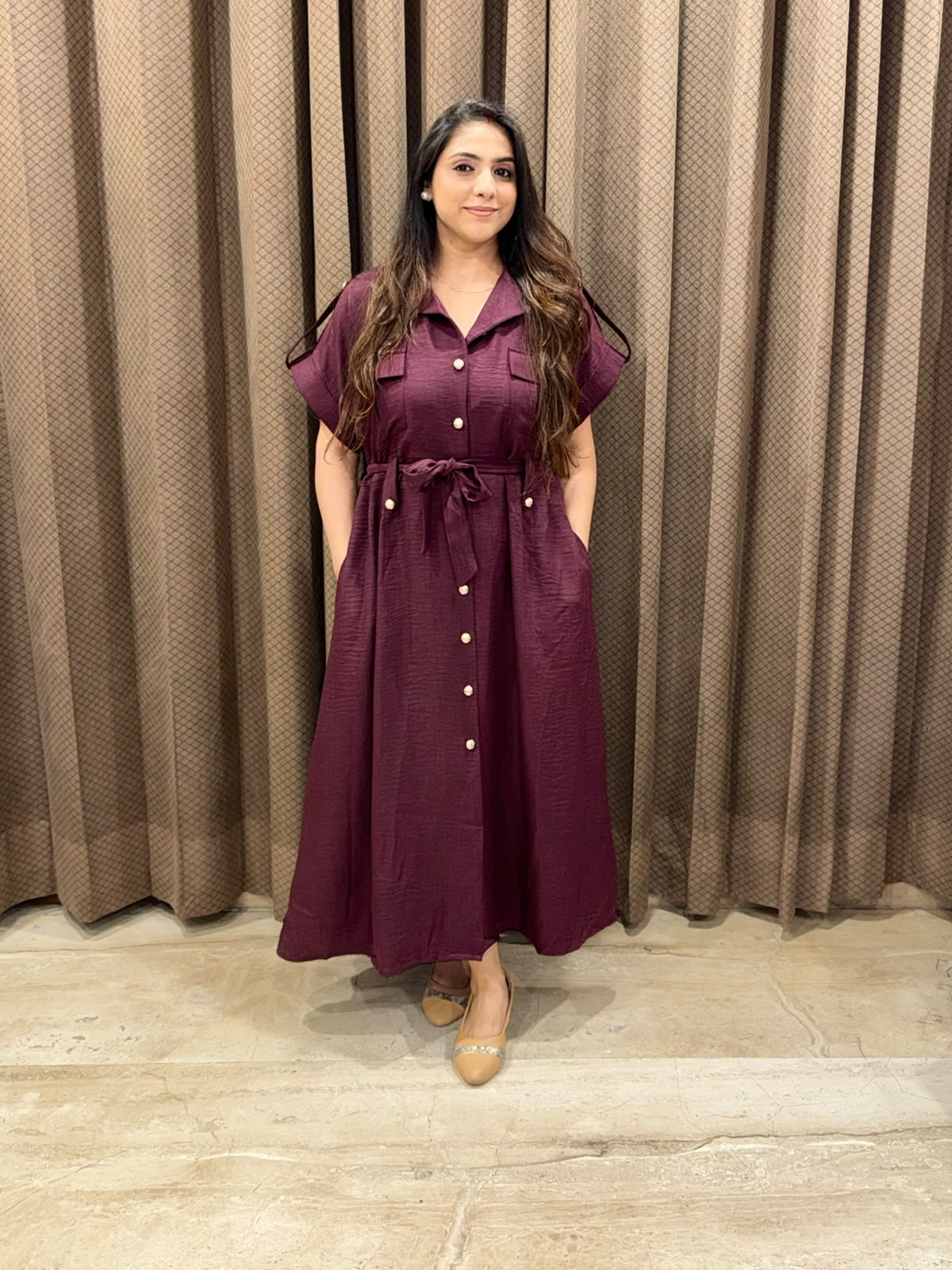Smart Wine Midi dress with button detailing & pockets