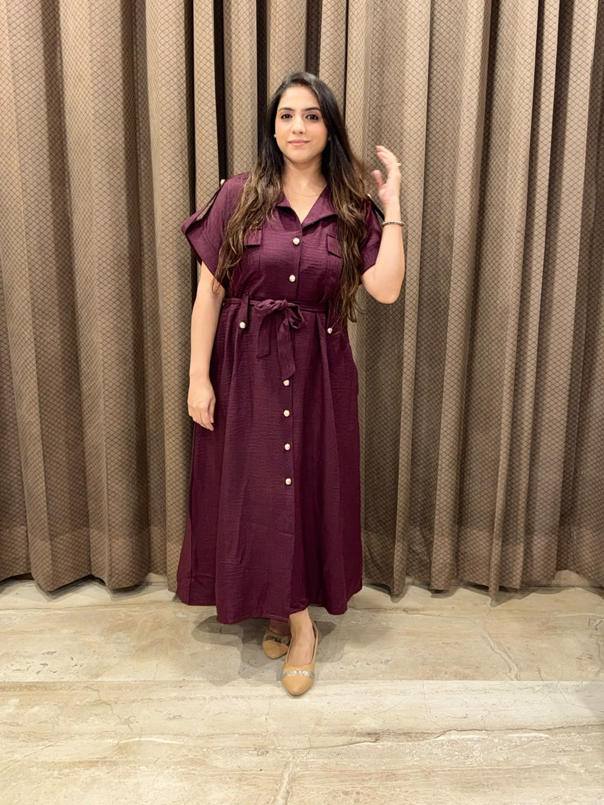Smart Wine Midi dress with button detailing & pockets