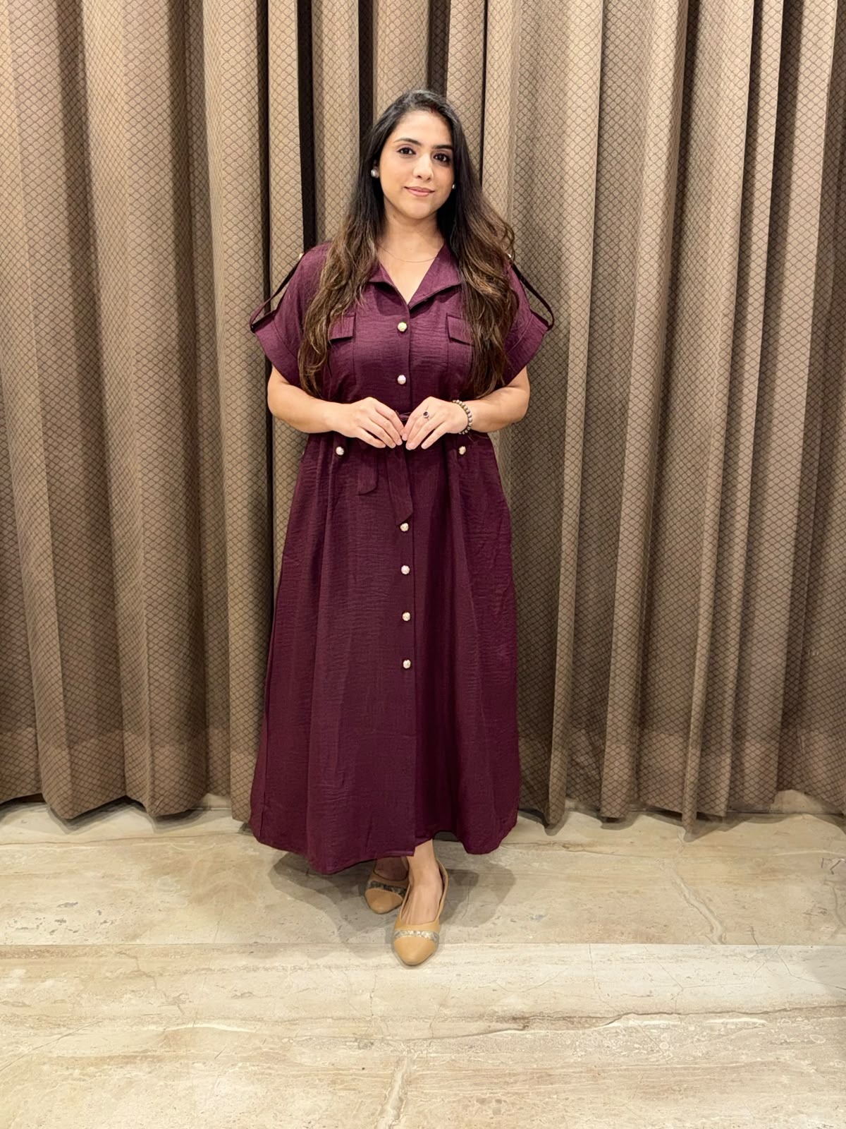 Smart Wine Midi dress with button detailing & pockets