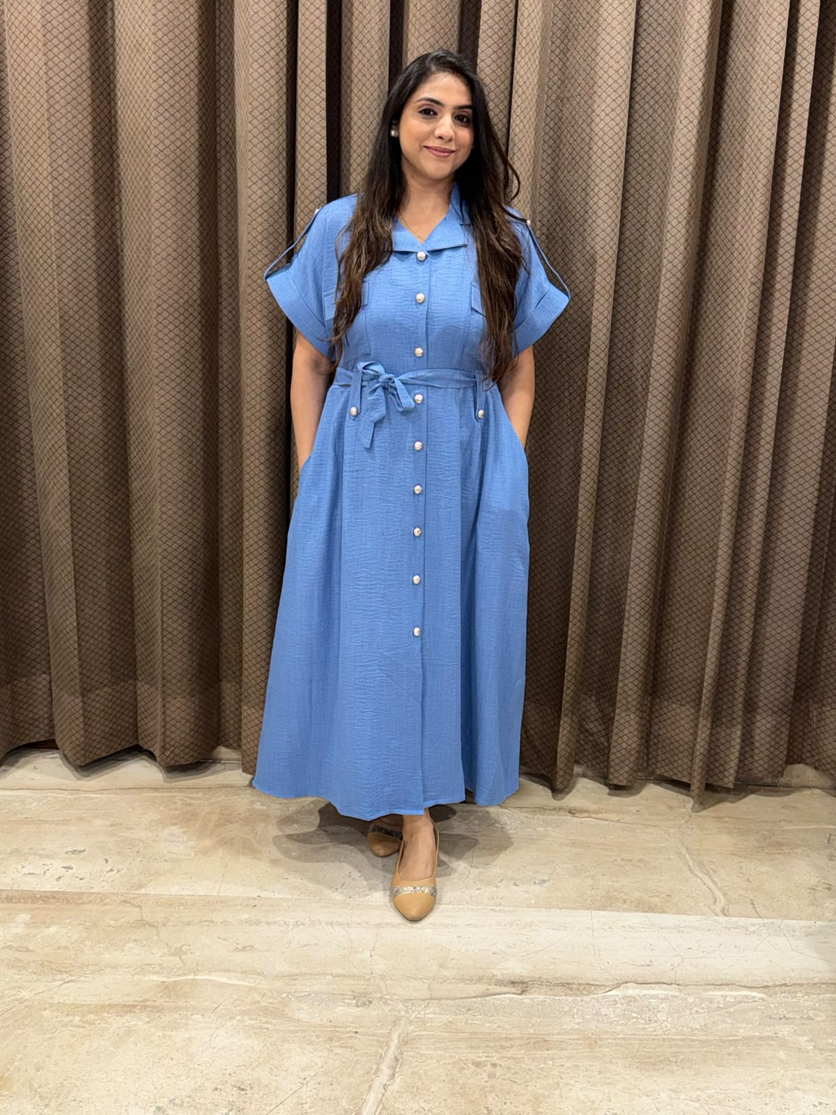 Smart Blue Midi dress with button detailing & pockets