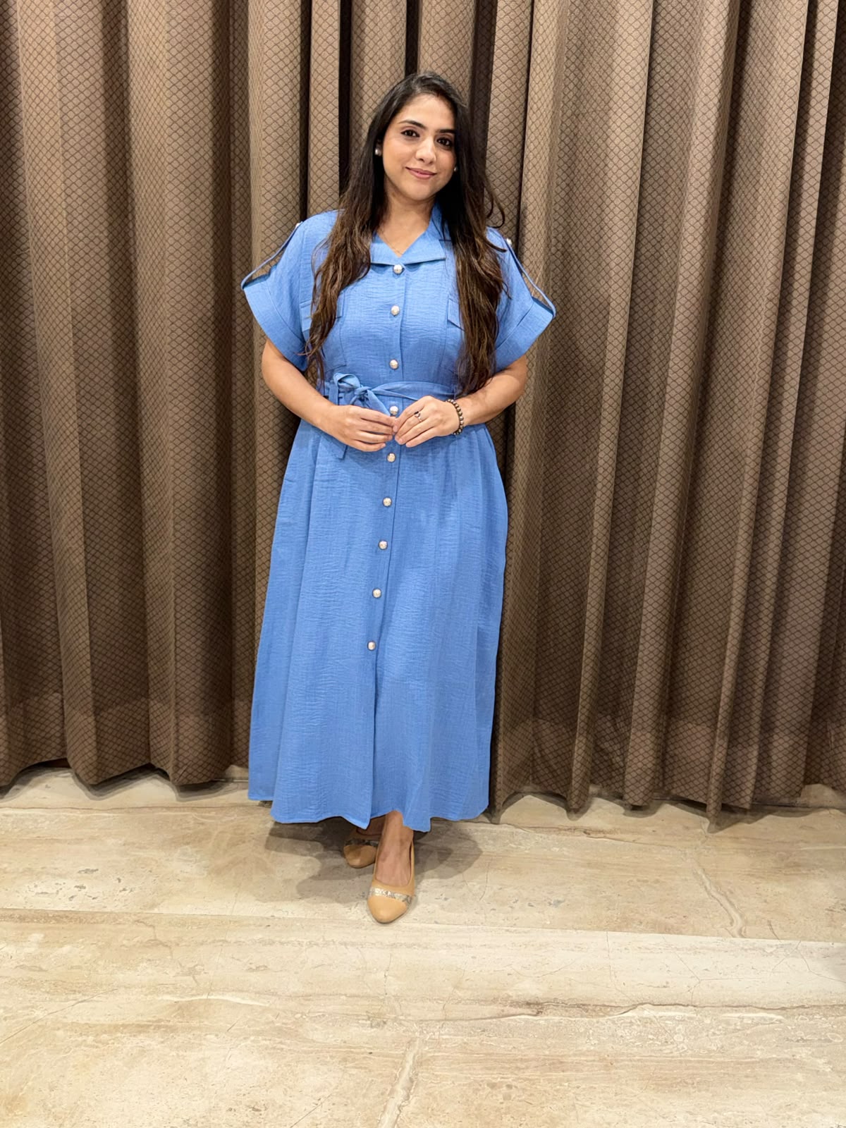 Smart Blue Midi dress with button detailing & pockets