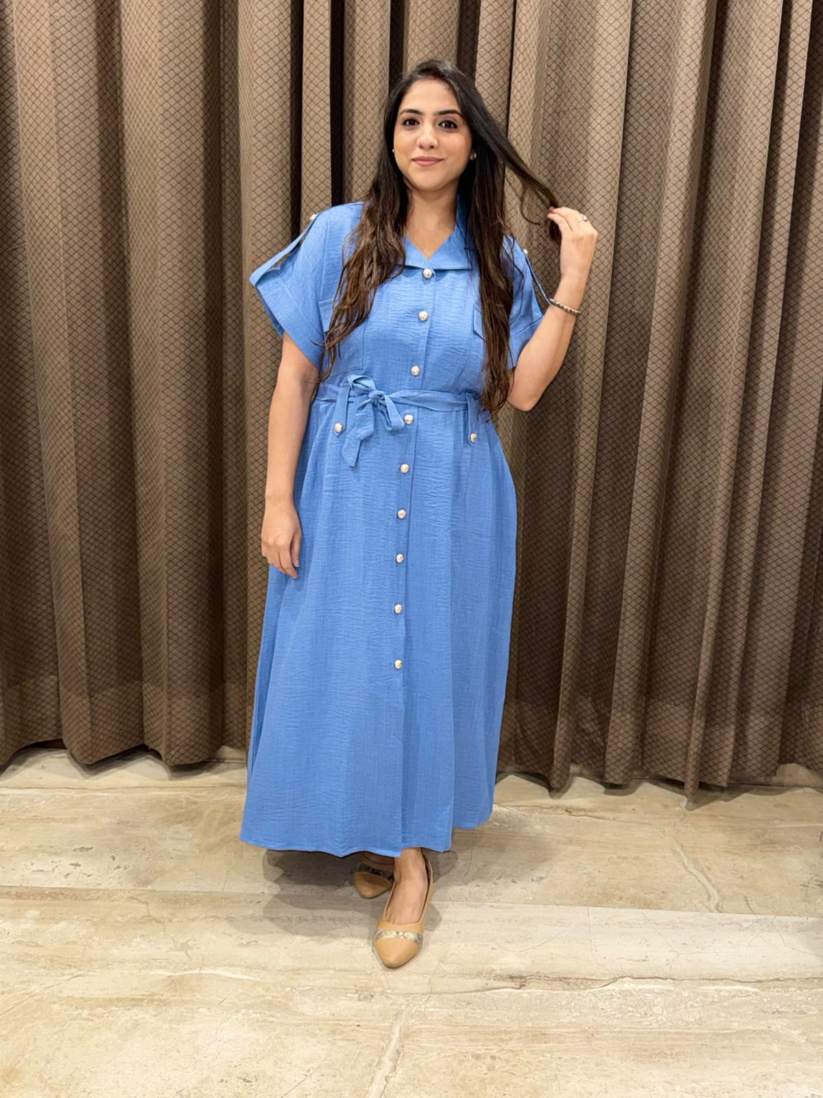 Smart Blue Midi dress with button detailing & pockets