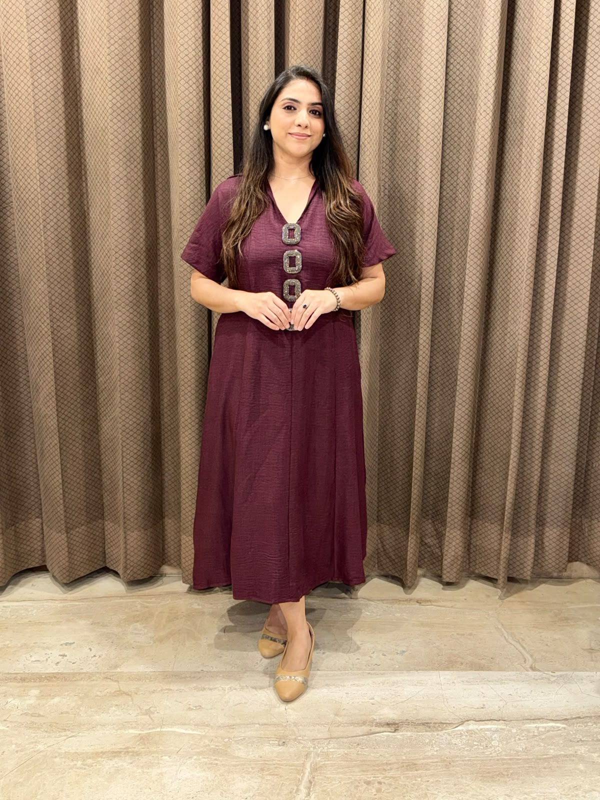 Smart Wine Midi dress with handwork button detailing & pockets