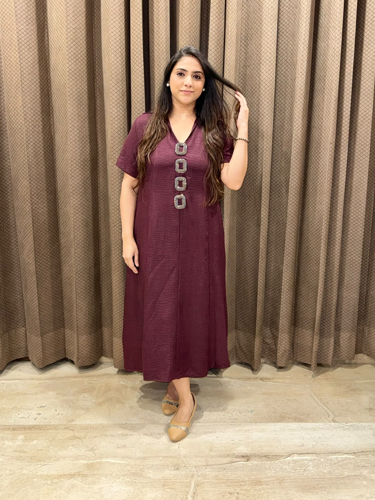 Smart Wine Midi dress with handwork button detailing & pockets