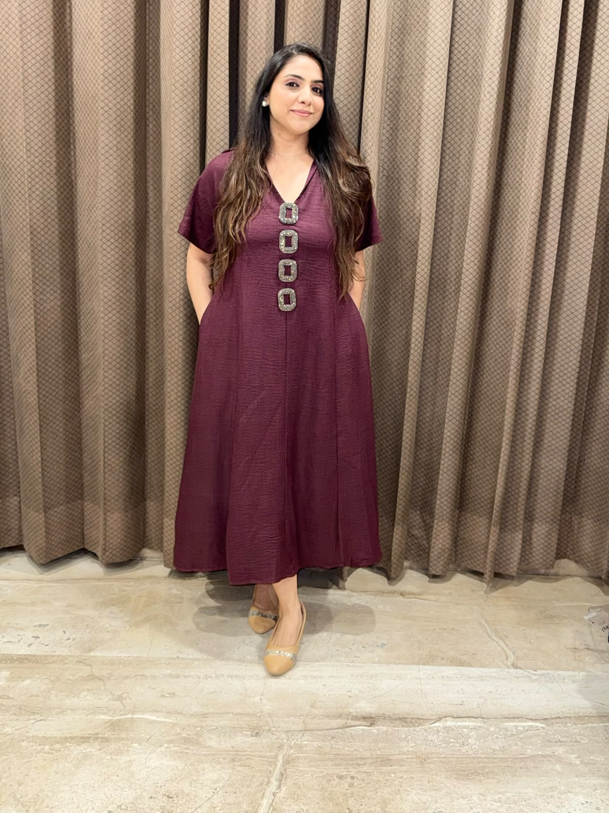 Smart Wine Midi dress with handwork button detailing & pockets
