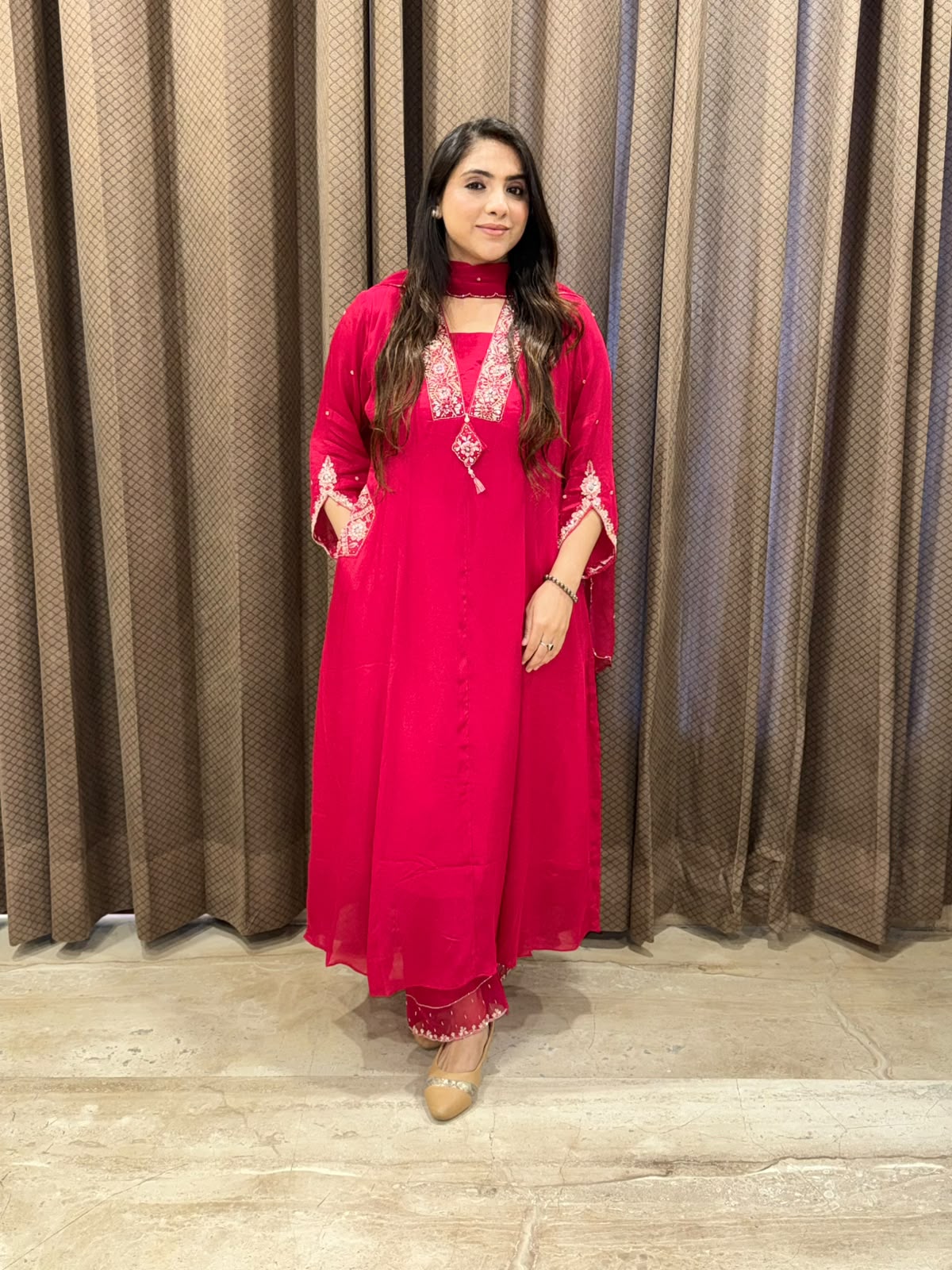Elegant Pink Anarkali set with designer handwork neckline and pocket