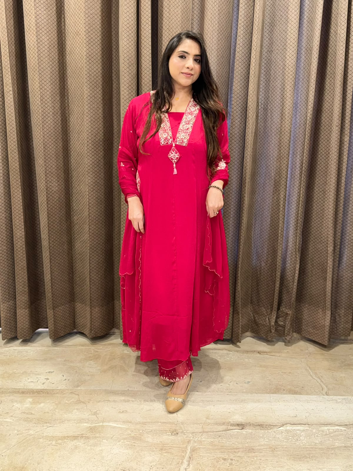 Elegant Pink Anarkali set with designer handwork neckline and pocket