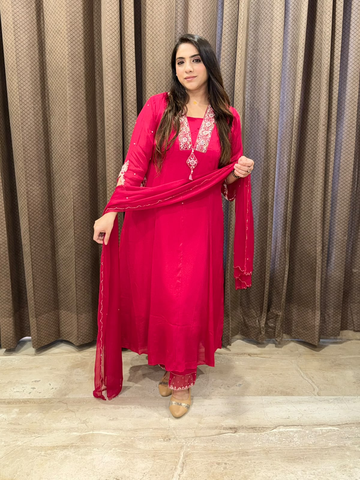 Elegant Pink Anarkali set with designer handwork neckline and pocket