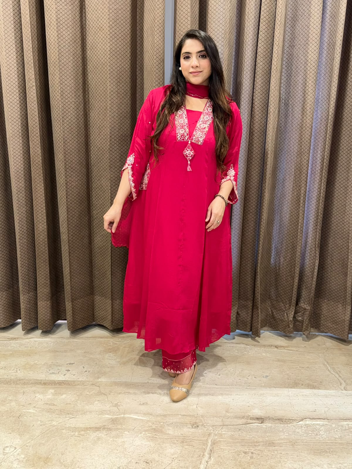 Elegant Pink Anarkali set with designer handwork neckline and pocket