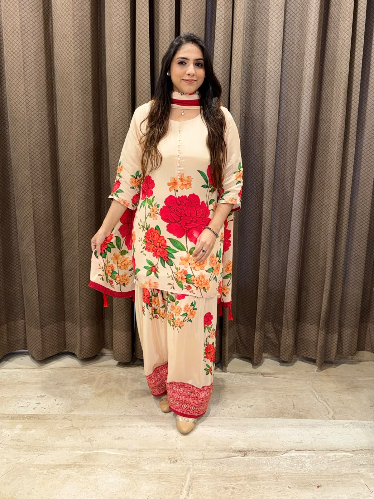 Designer Beige & red Floral Farshi set wih dupatta