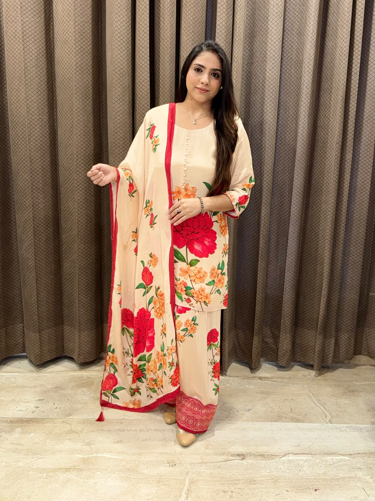 Designer Beige & red Floral Farshi set wih dupatta