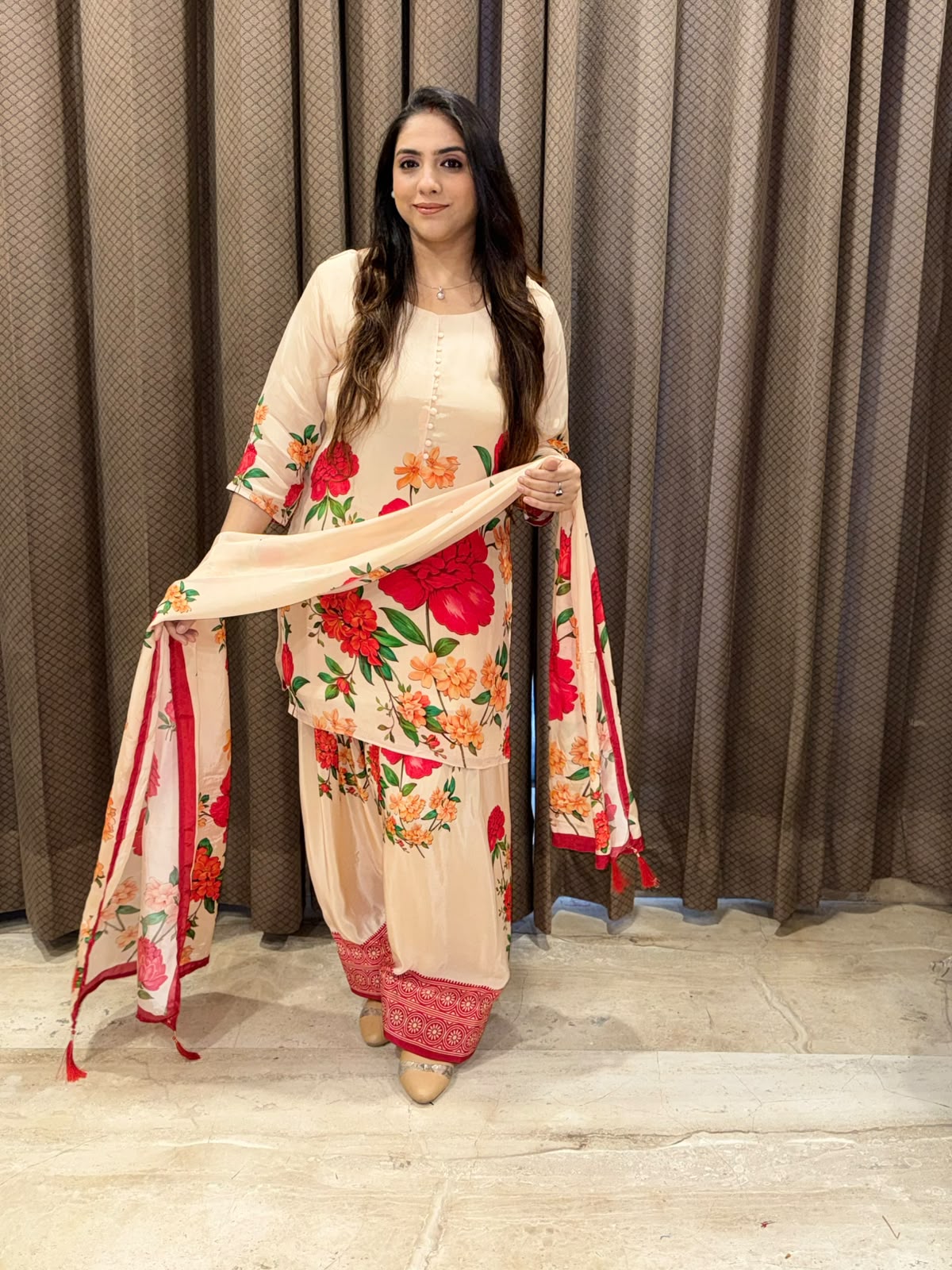 Designer Beige & red Floral Farshi set wih dupatta