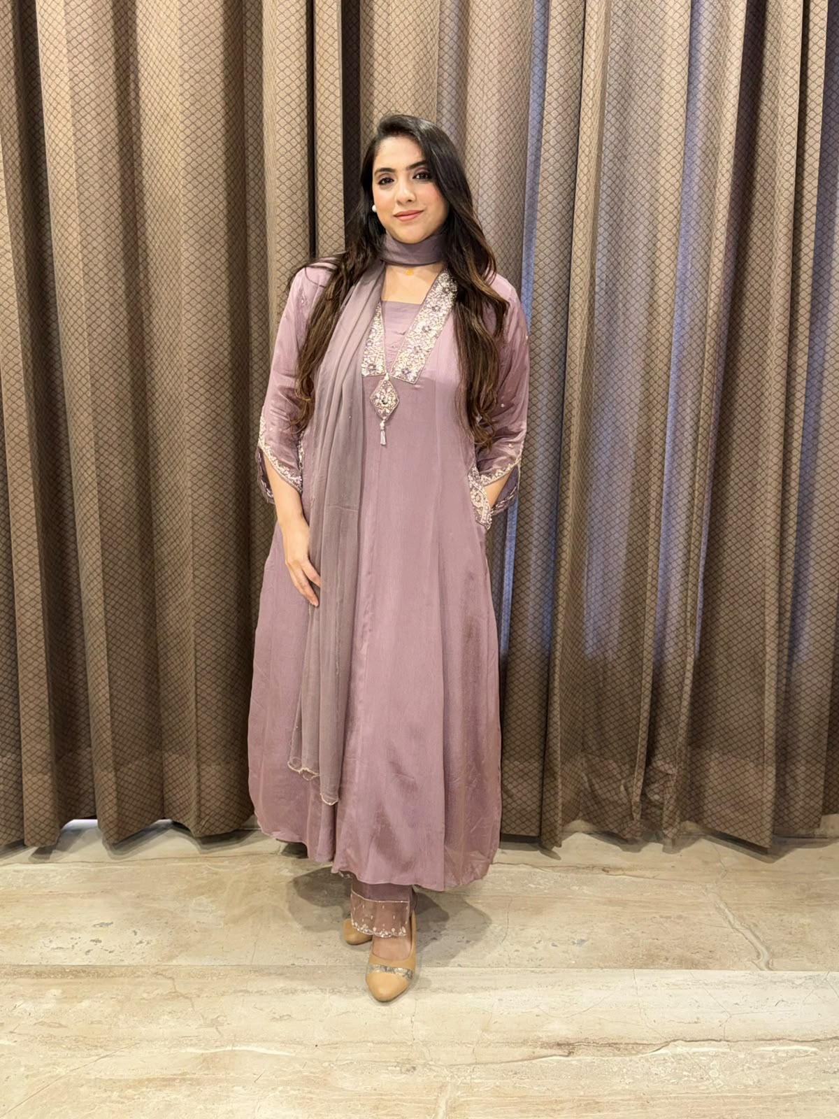 Elegant Mauve Anarkali set with designer handwork neckline and pocket