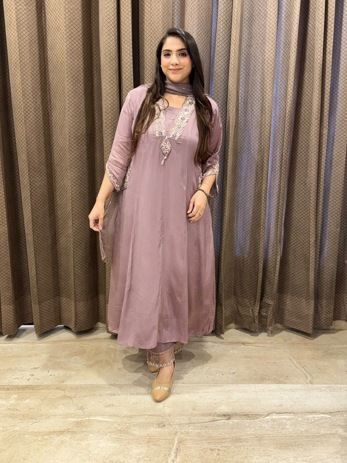 Elegant Mauve Anarkali set with designer handwork neckline and pocket