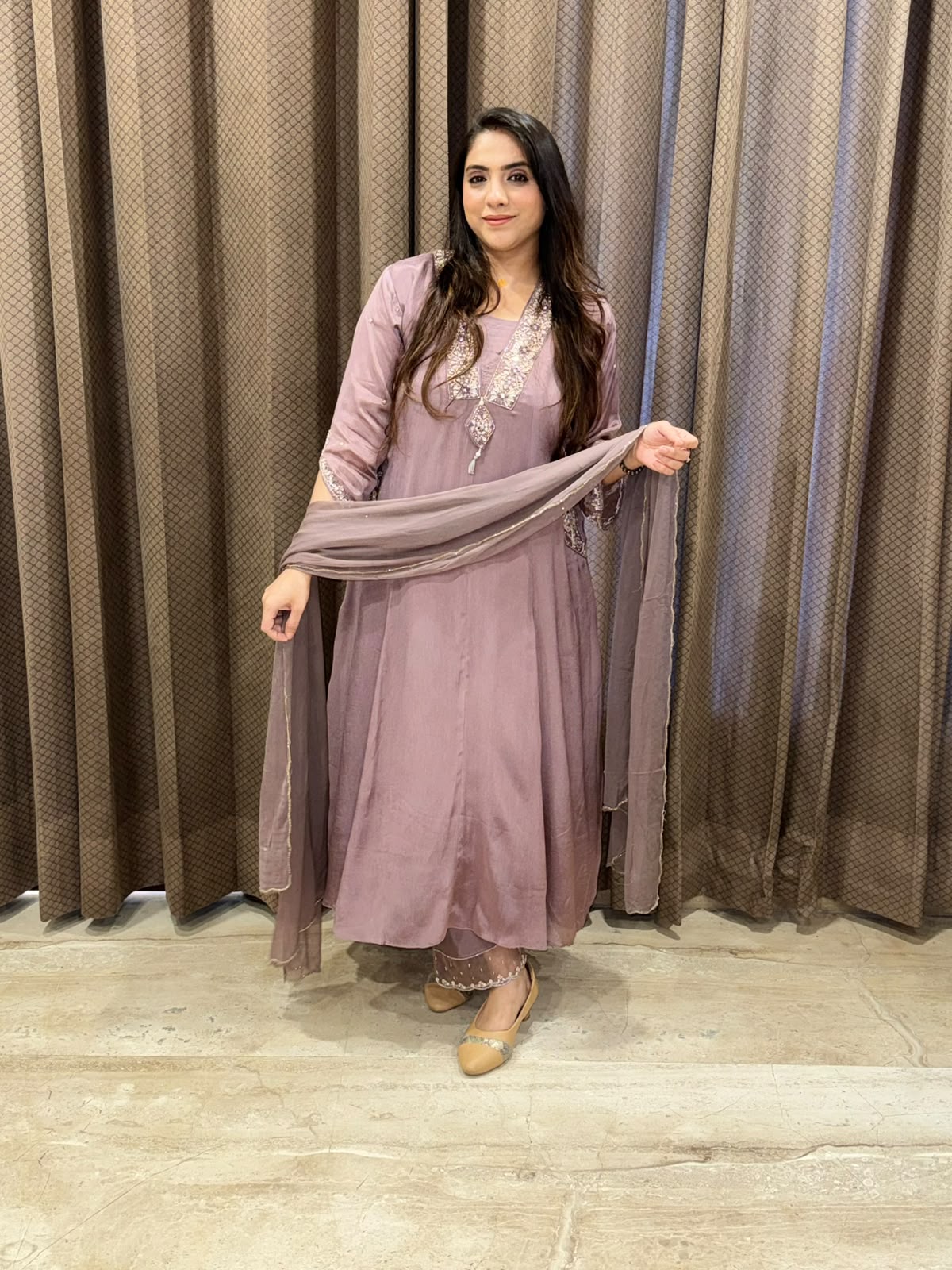 Elegant Mauve Anarkali set with designer handwork neckline and pocket