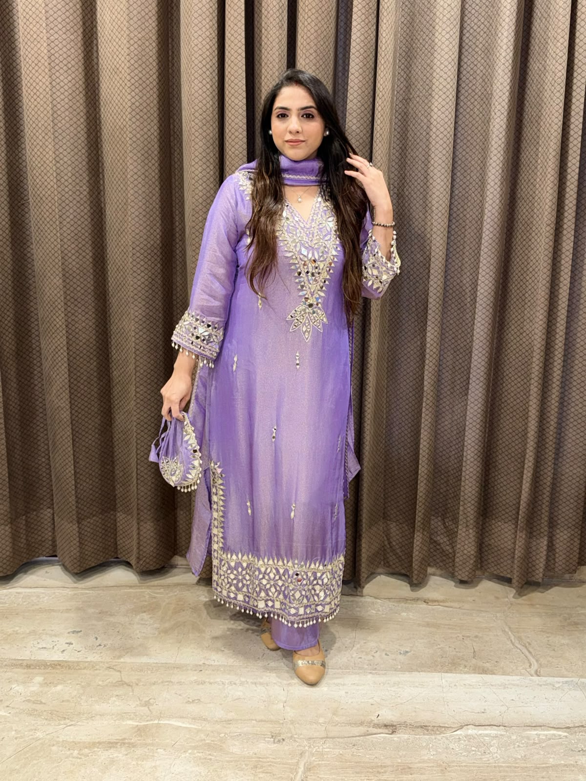 Designer Purple Long dress dupatta set  with potli and mirror handwrork
