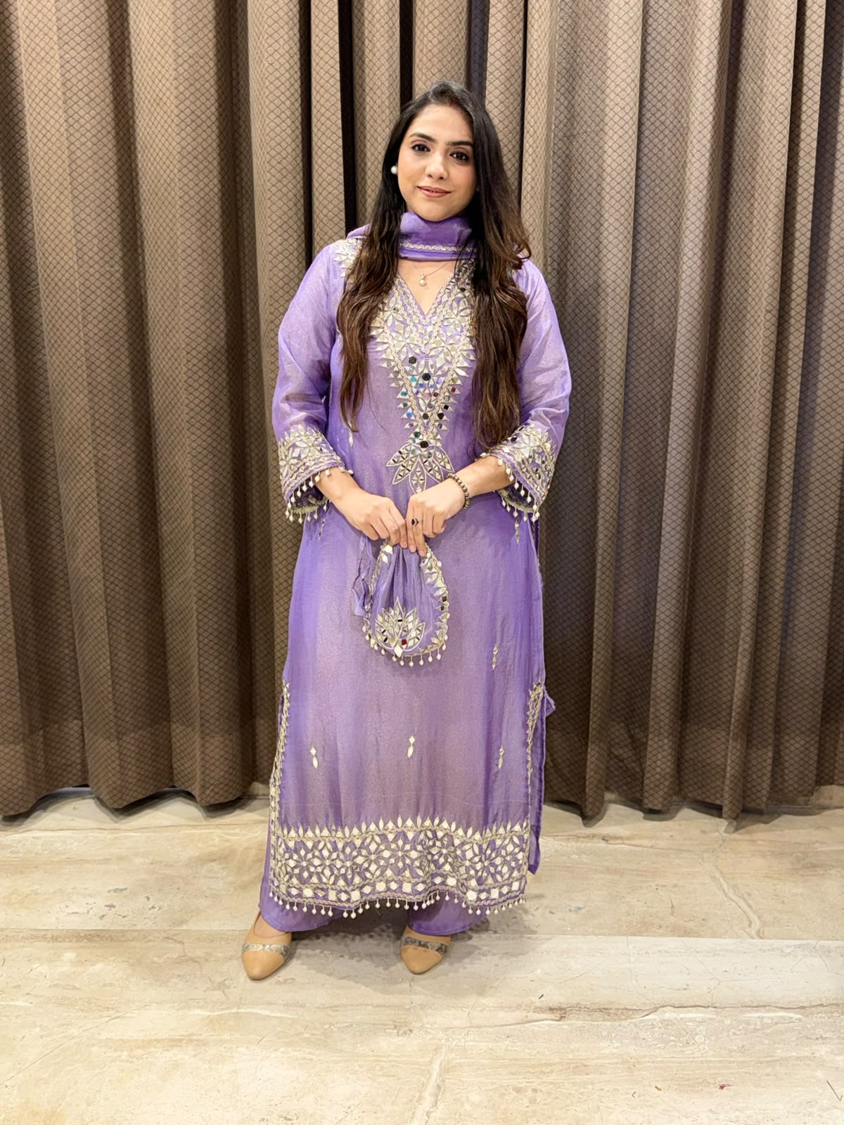 Designer Purple Long dress dupatta set  with potli and mirror handwrork