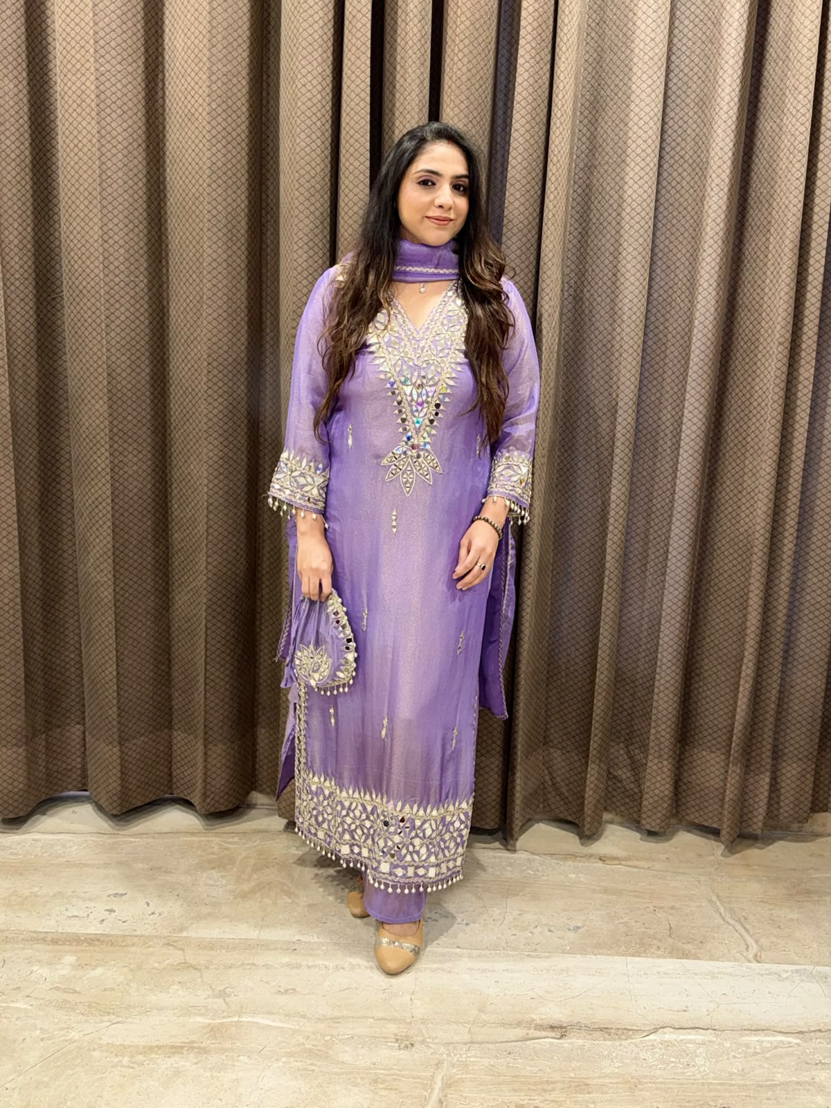 Designer Purple Long dress dupatta set  with potli and mirror handwrork