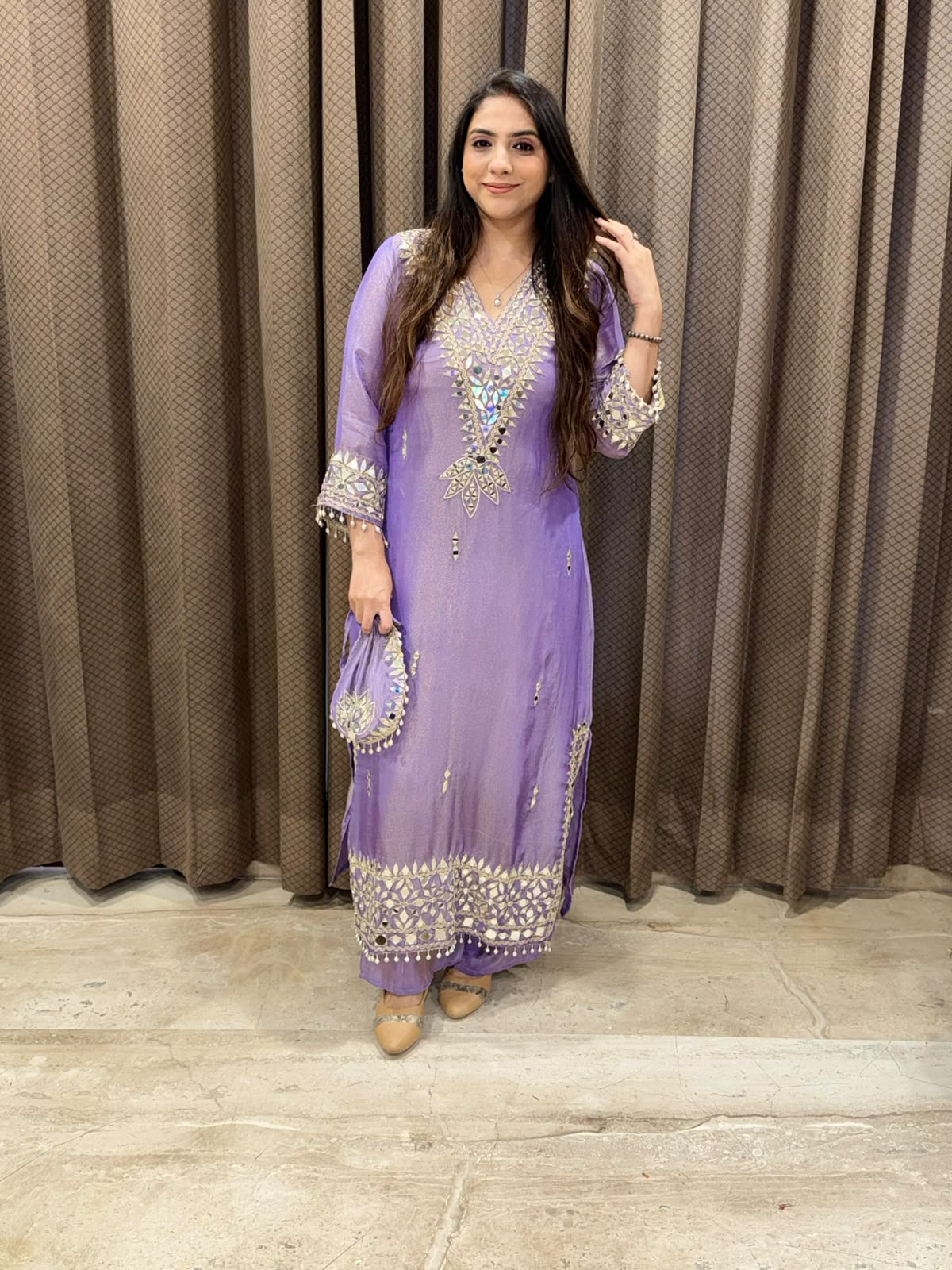 Designer Purple Long dress dupatta set  with potli and mirror handwrork