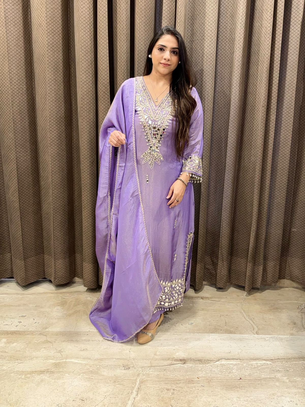 Designer Purple Long dress dupatta set  with potli and mirror handwrork