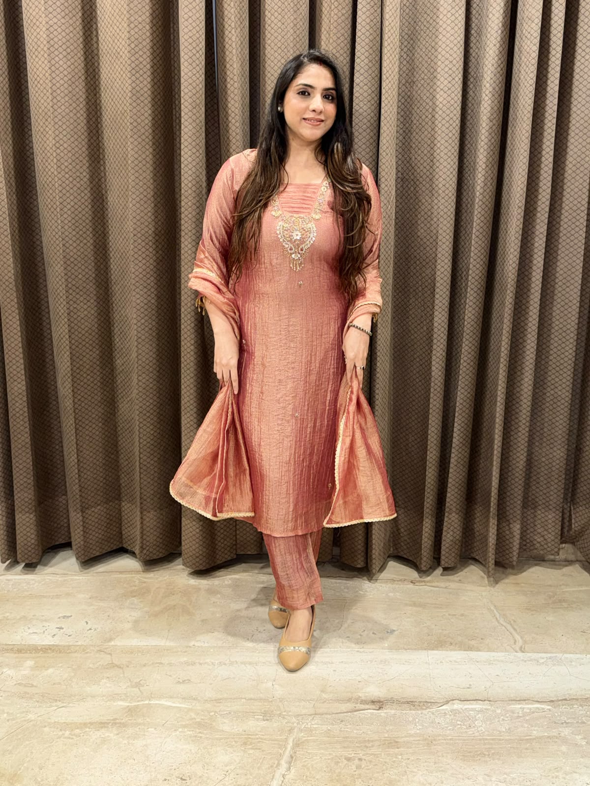 Designer Rust Straight suit set with Neckalace handwork