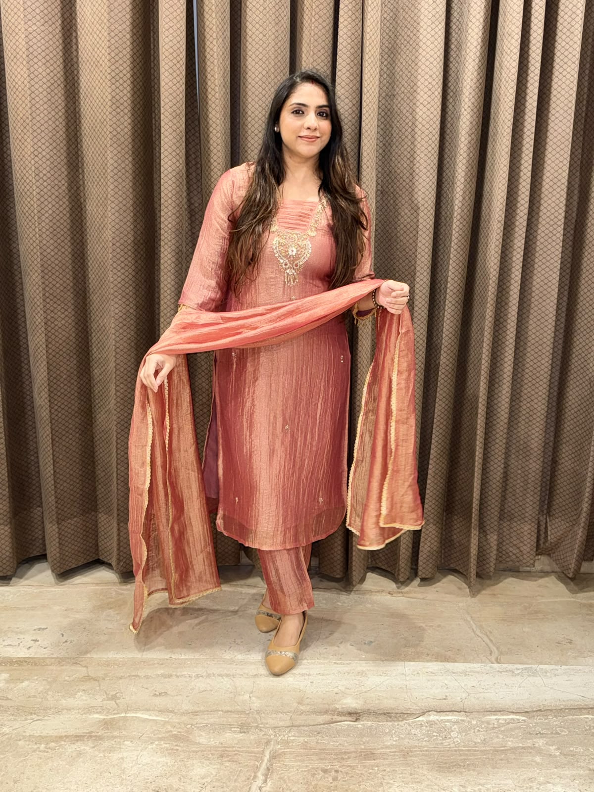 Designer Rust Straight suit set with Neckalace handwork
