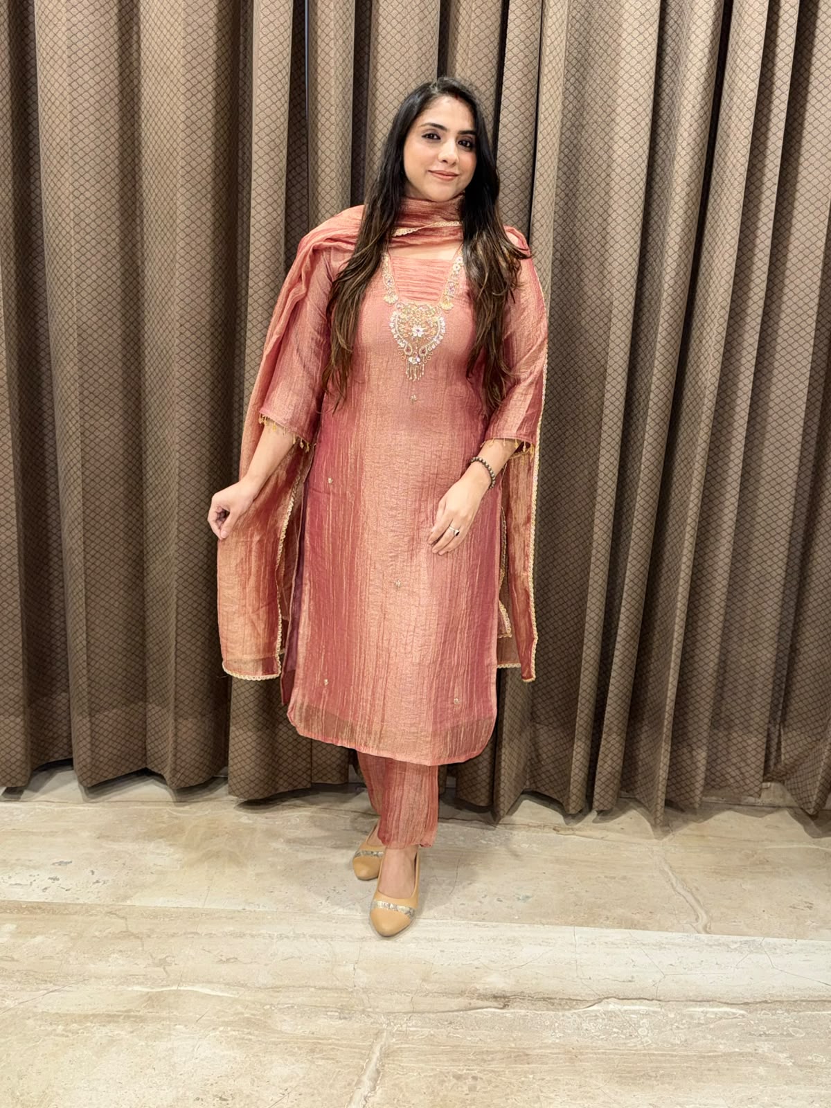 Designer Rust Straight suit set with Neckalace handwork