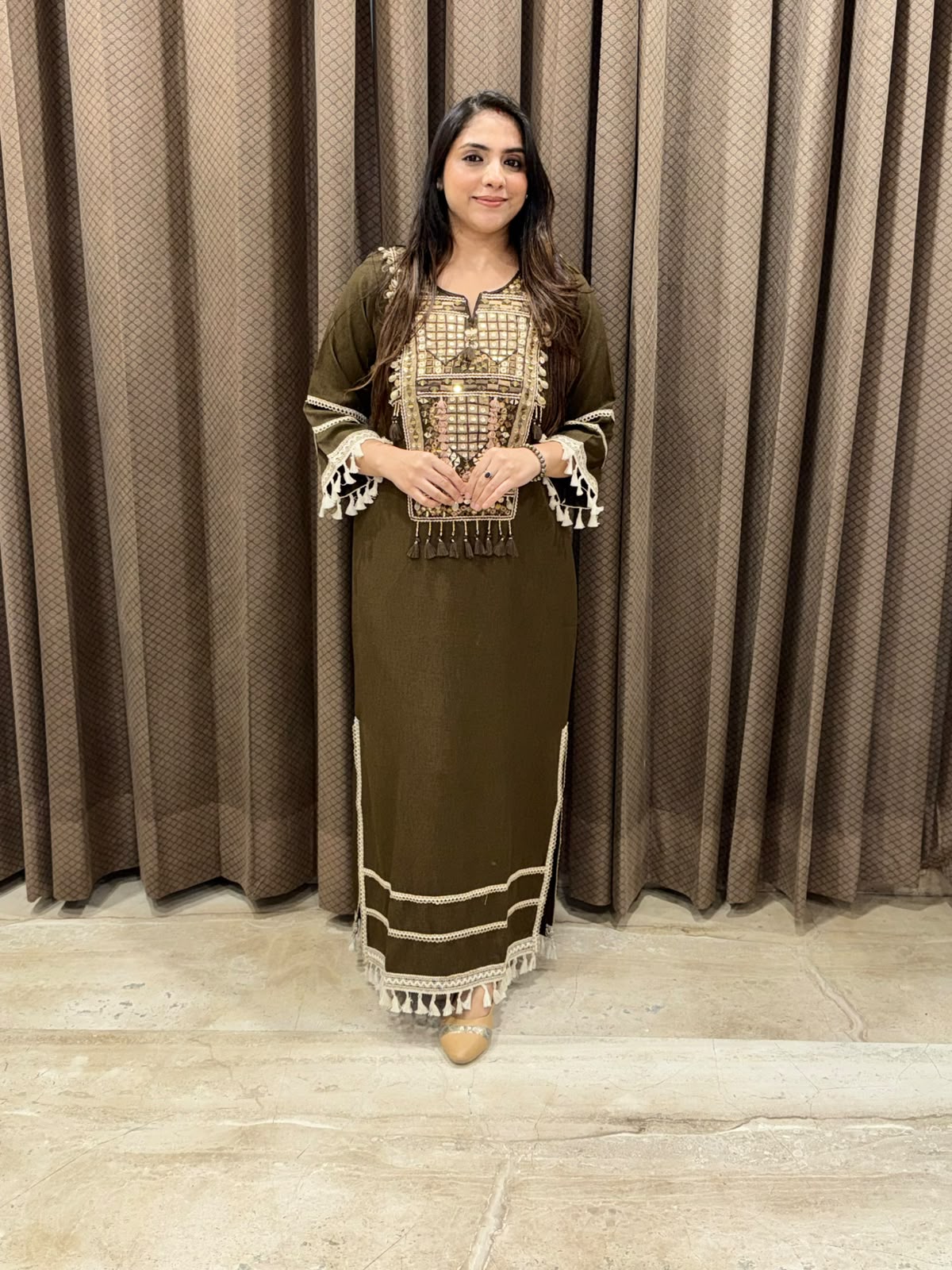 Designer Brown long dress with Handwork and tassels