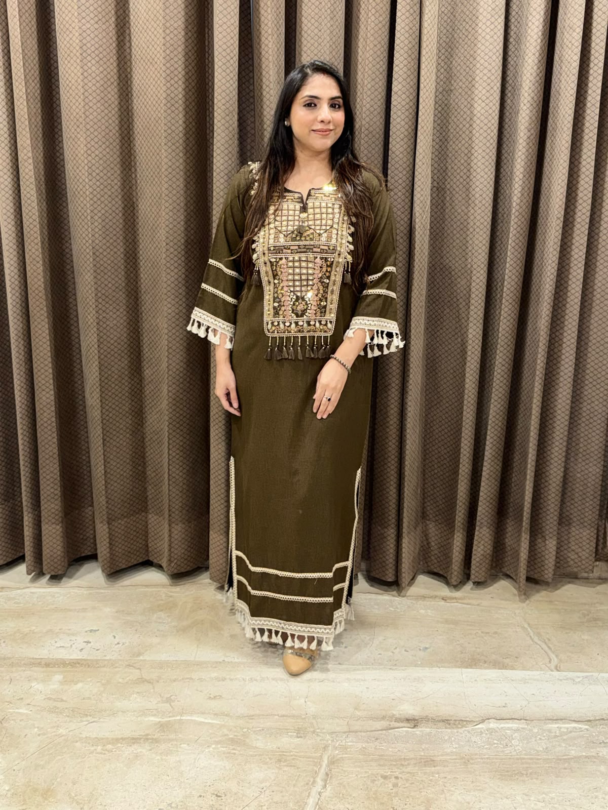 Designer Brown long dress with Handwork and tassels
