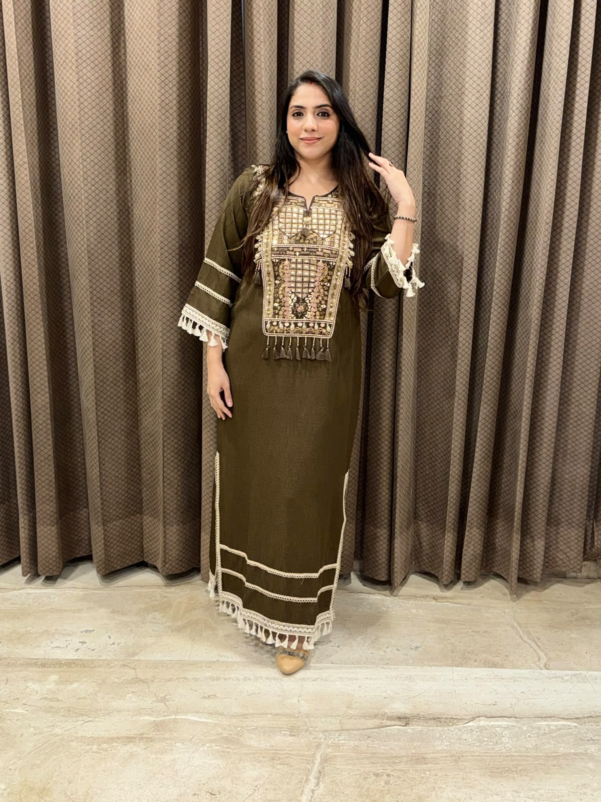 Designer Brown long dress with Handwork and tassels