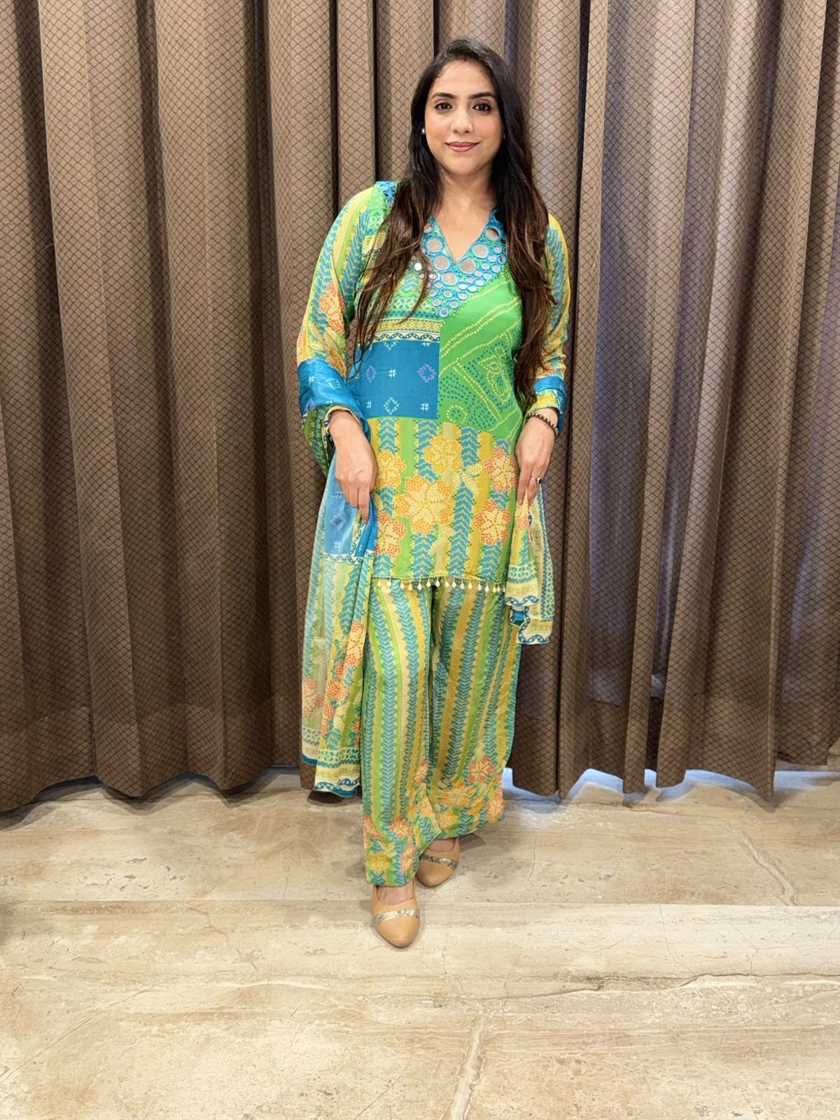 Designer Green & blue Suit Co-ord set with mirror handwork