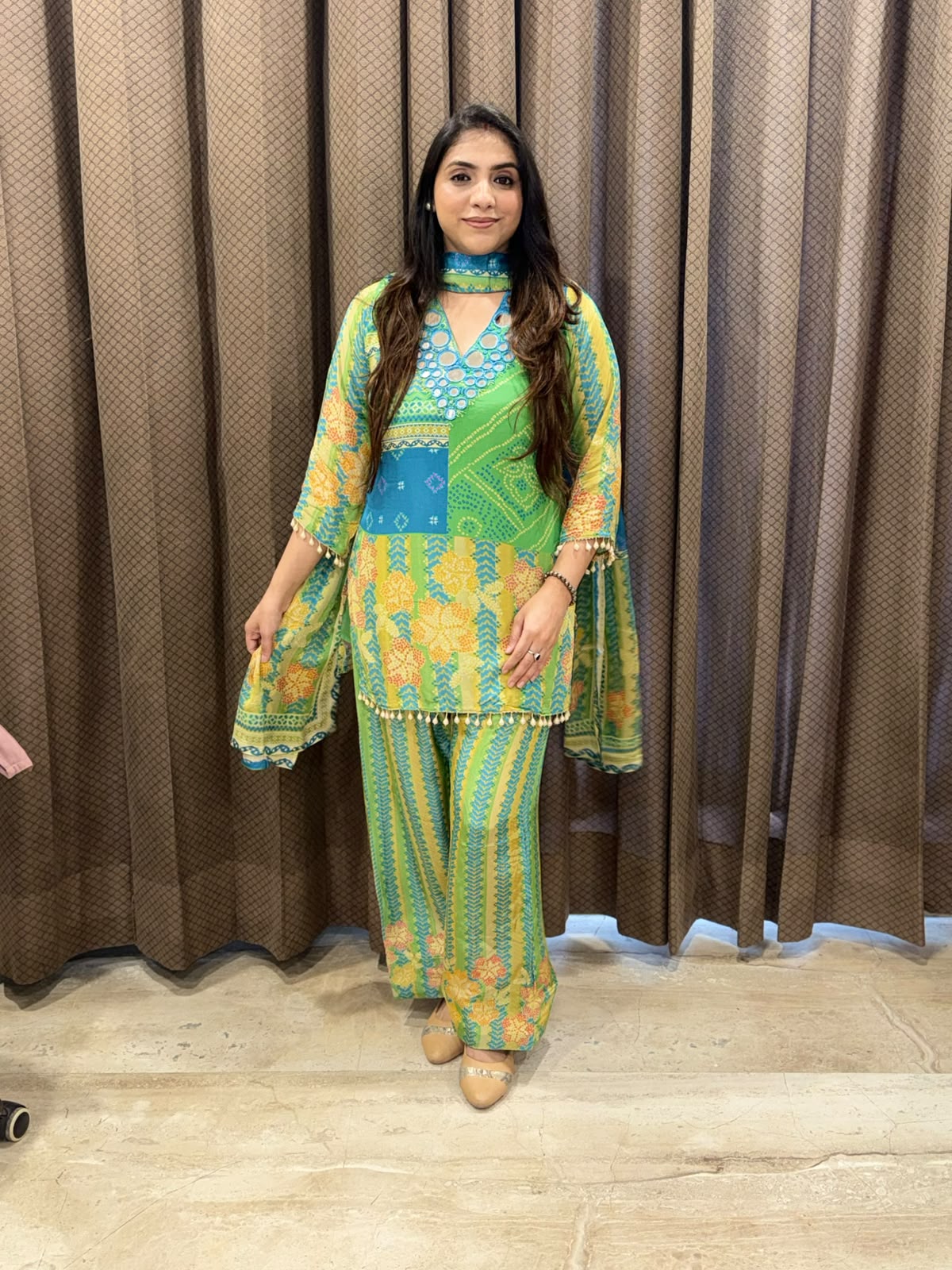 Designer Green & blue Suit Co-ord set with mirror handwork