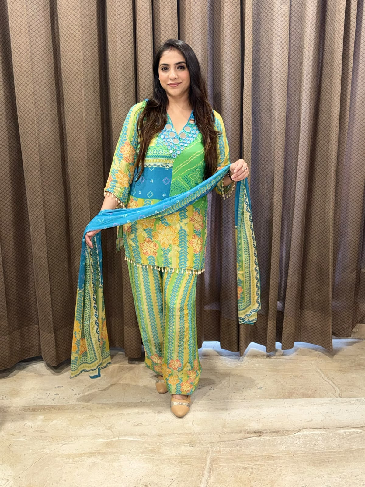 Designer Green & blue Suit Co-ord set with mirror handwork