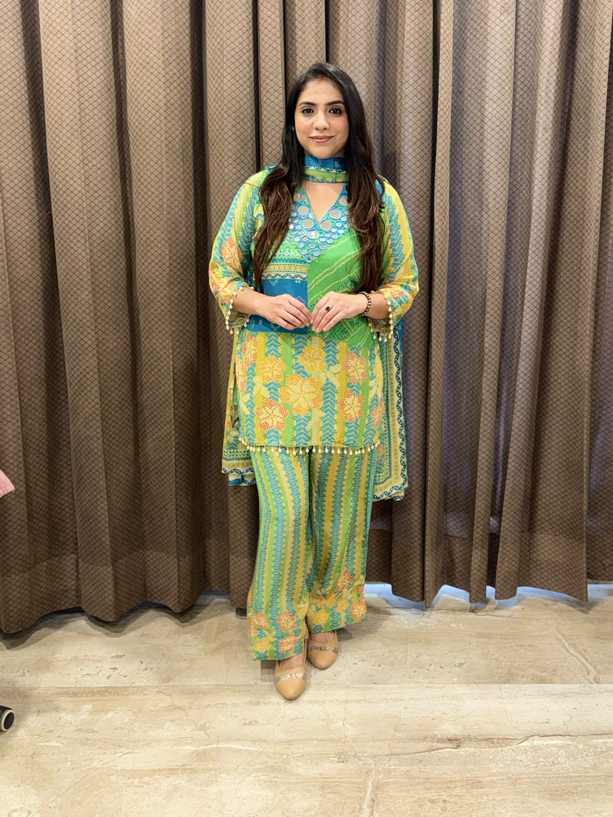 Designer Green & blue Suit Co-ord set with mirror handwork