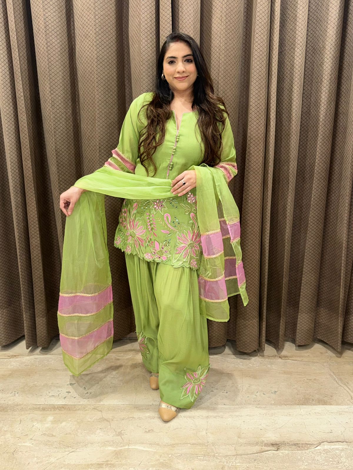 Designer Green & Pink Contrast Farshi Set with duppata and handwork detailing