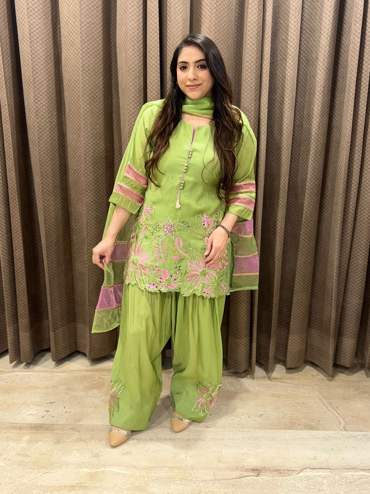 Designer Green & Pink Contrast Farshi Set with duppata and handwork detailing