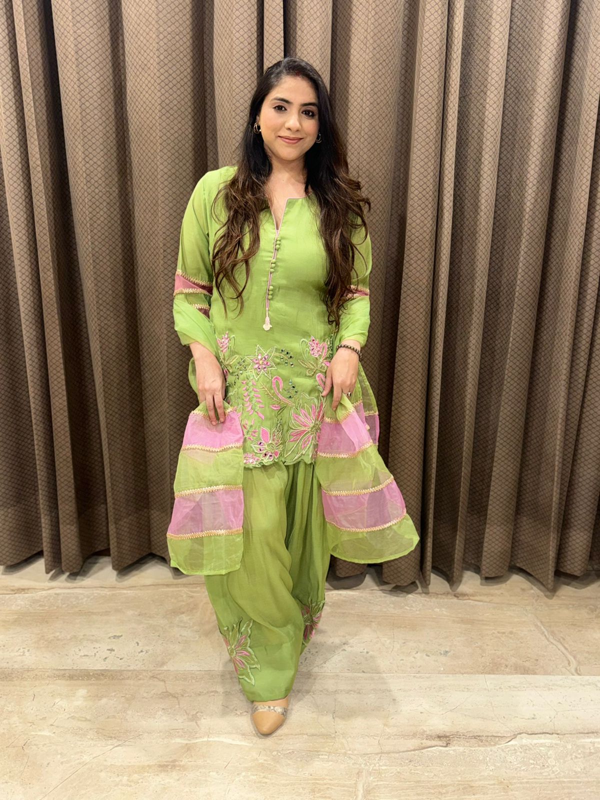 Designer Green & Pink Contrast Farshi Set with duppata and handwork detailing
